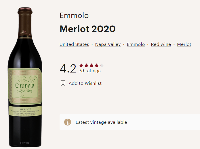 » Emmolo 2020 Merlot Napa Valley