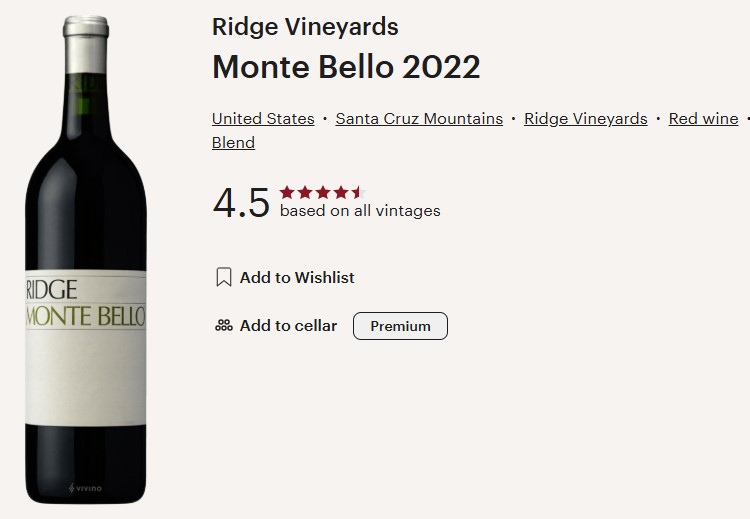 Ridge Vineyards 2022 "Monte Bello" Santa Cruz Mountains 3pk